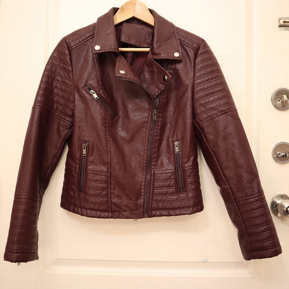 Burgundy faux leather moto jacket